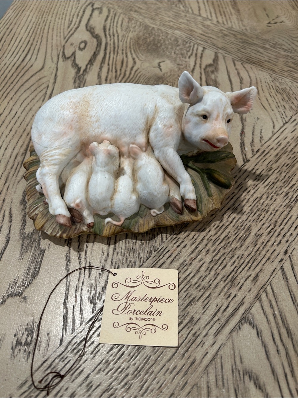 Vintage Homco White Porcelain Sow with Piglets Figurine